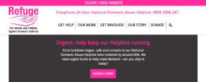 Refuge's home page, with COVID-19 related fundraising appeal banner