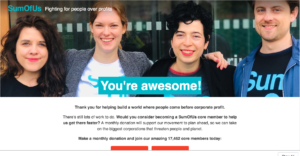 An image of a thank you page, where the background image is a close-up of two volunteers smiling broadly