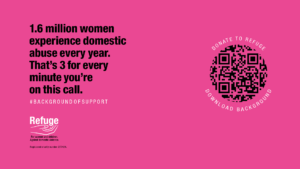 A bright pink, downloadable Zoom background. It has a QR code which users can scan to donate to Refuge