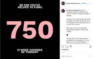 Instagram post from Black Minds Matter that reads 'You've helped to fund 750 courses of therapy'