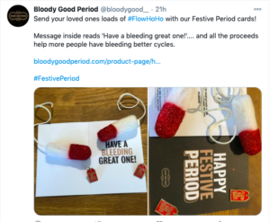 Screenshot of a tweet that reads 'send your loved ones loads of #FlowHoHo with our festive period cards'