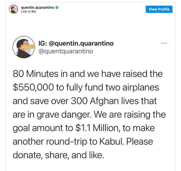 quentin quarantino afghanistan fundraiser