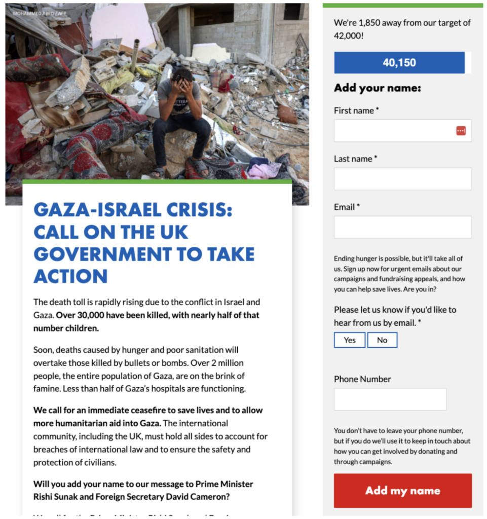 Handriaser sign up page with call to action: Gaza-Israel Crisis, call on the UK gov to take action