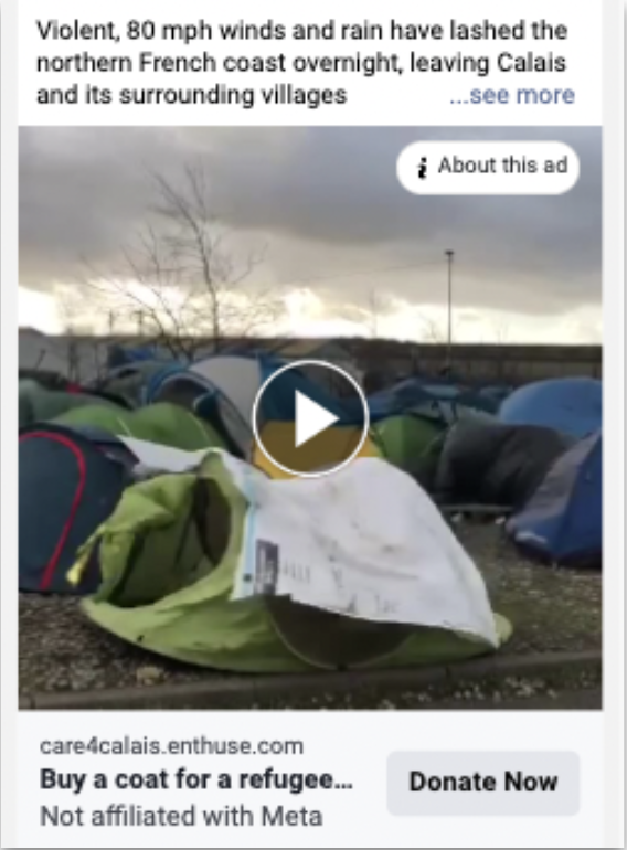 Meta ad showing tents at Calais