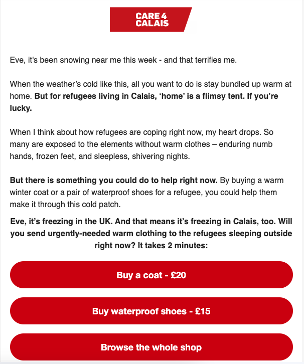 A screenshot of an email from Care 4 Calais asking the recipient to buy items for refugees