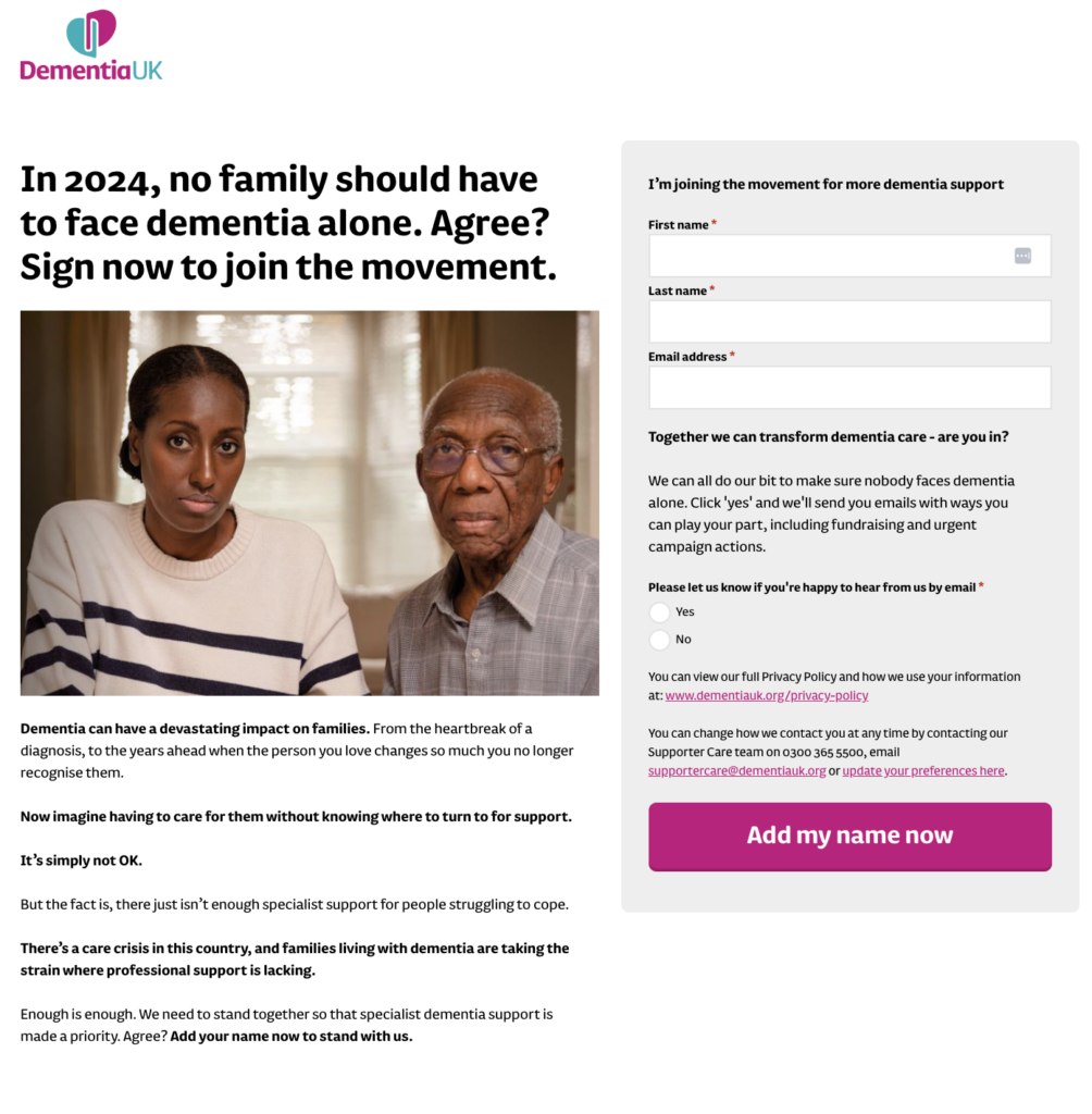 Handraiser page for Dementia UK with headine: In 2024, no family should have to face dementia alone. Agee?