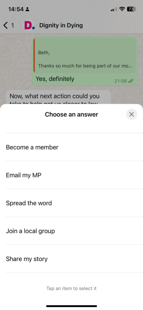 A screenshot of a whatsapp chat asking the recipient to choose an action that they will take