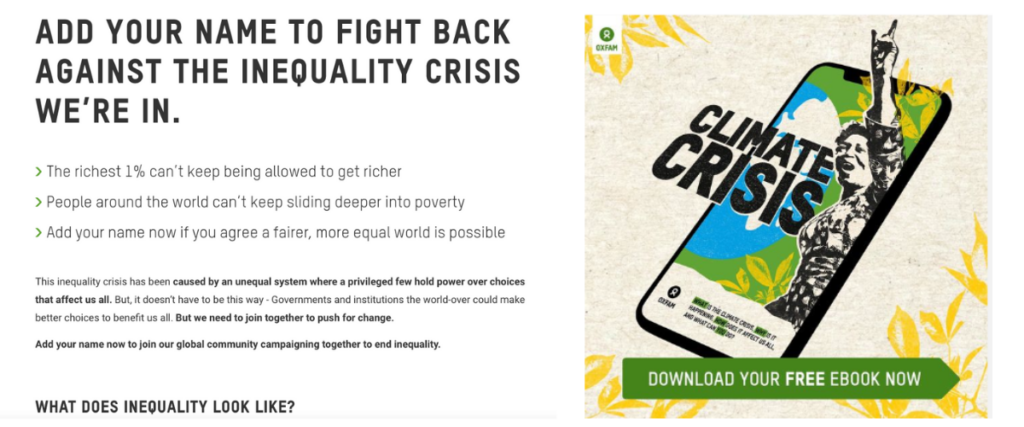 Promotional banner from Oxfam encouraging action against the inequality crisis. The text reads: 'Add your name to fight back against the inequality crisis we’re in. The richest 1% can’t keep being allowed to get richer. People around the world can’t keep sliding deeper into poverty. Add your name now if you agree a fairer, more equal world is possible.' Below is additional text explaining the inequality crisis as being caused by an unequal system benefiting the privileged few, urging collective action to push for change. On the right side of the banner, there is an illustration of a smartphone displaying the phrase 'Climate Crisis' with an image of a protester raising a fist. A button below the image reads: 'Download your FREE ebook now.