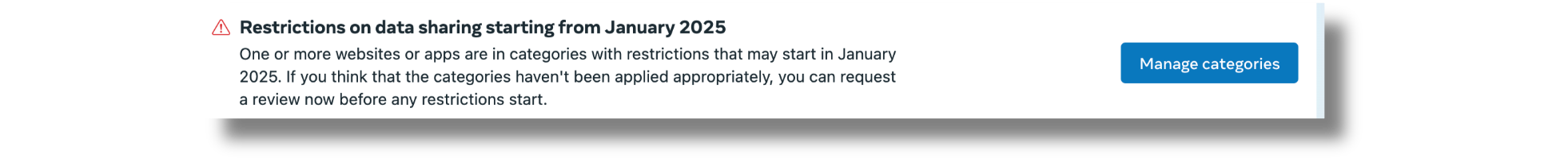 Message alert reads 'Restrictions on data sharing starts January 2025. One or more websites or apps are in categories with restrictions that may start in January 2025.'