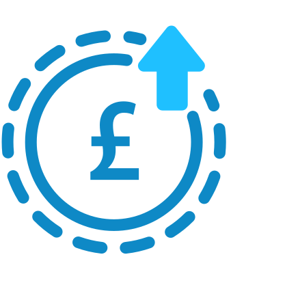 British pound blue icon in a circle with an arrow pointing up