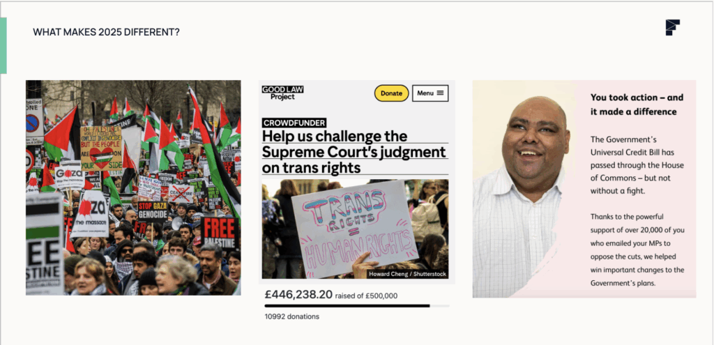 Slide titled 'What makes 2025 different?' featuring three panels: a protest for Palestine rights, a Good Law Project crowdfunder on trans rights, and a success story about stopping cuts to Universal Credit after public action.