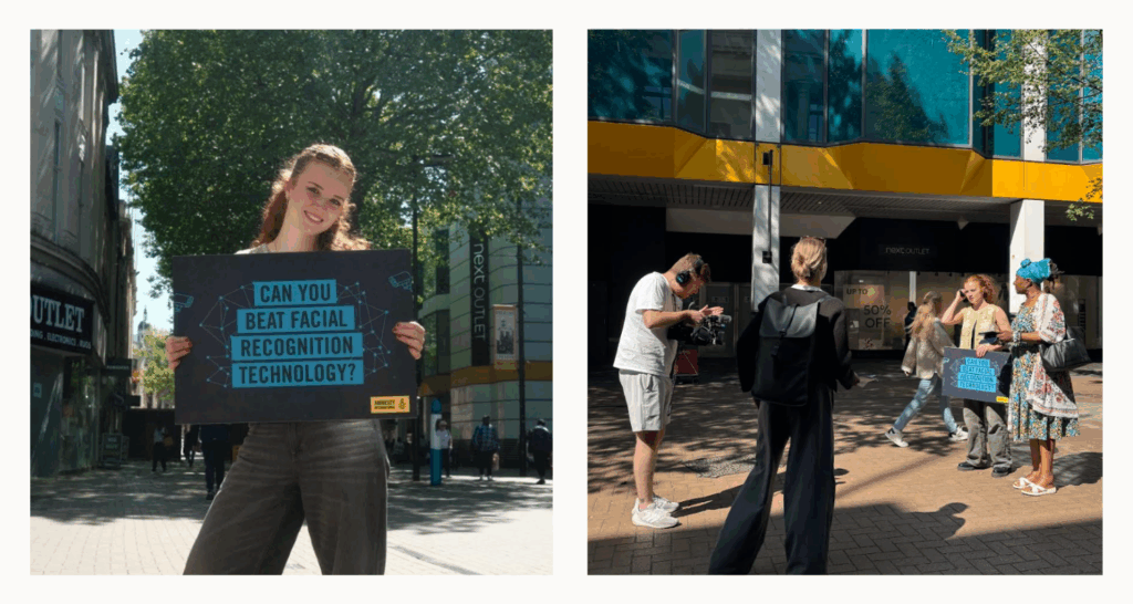 Two photos taken on a city street during an Amnesty International video shoot. In the first, a person holds a sign reading “Can you beat facial recognition technology?”. In the second, the same person is interviewed by a small crew while others look on, with the same sign visible.