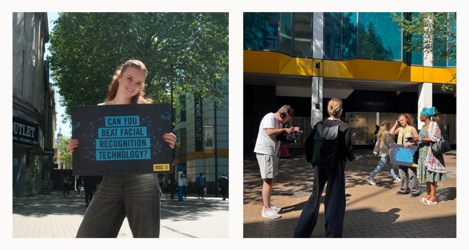 Two photos taken on a city street during an Amnesty International video shoot for TikTok. In the first, a person holds a sign reading “Can you beat facial recognition technology?”. In the second, the same person is interviewed by a small crew while others look on, with the same sign visible.