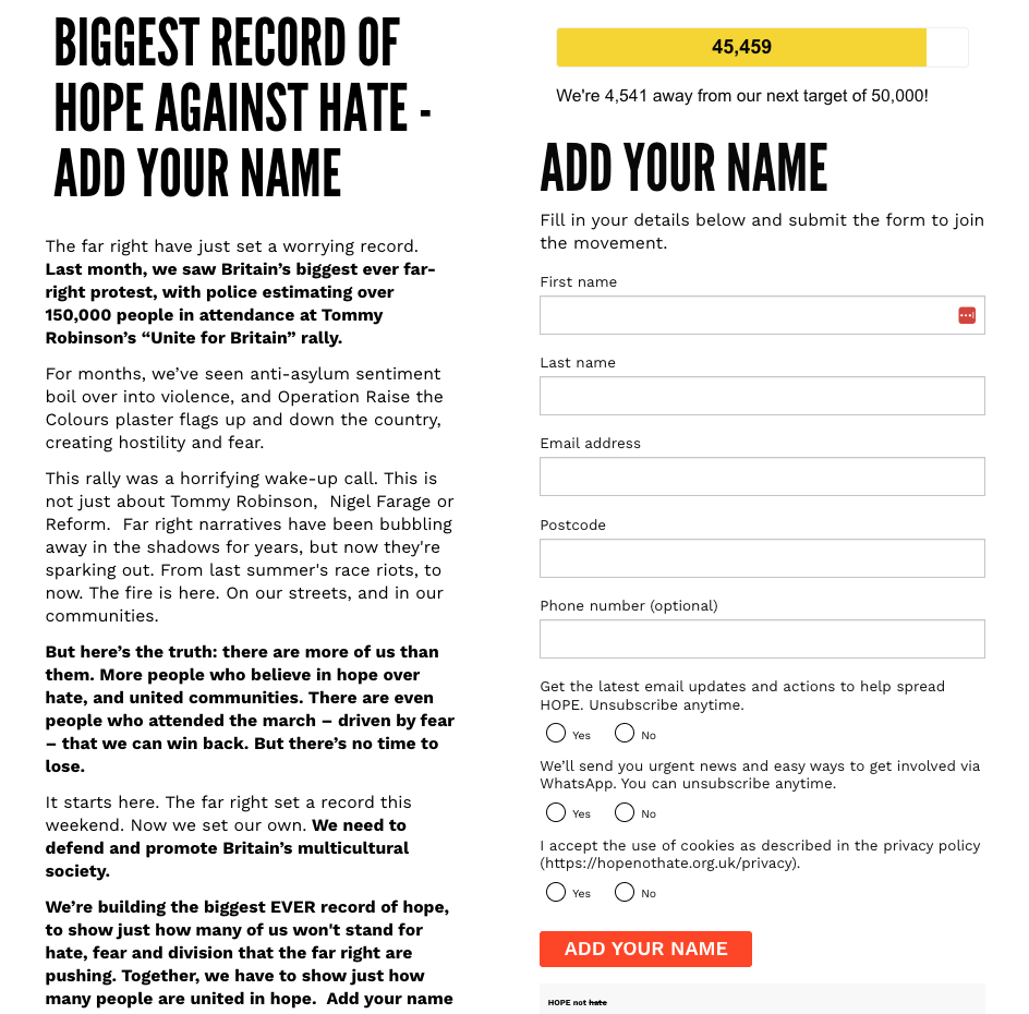A webpage screenshot titled “Biggest Record of Hope Against Hate - Add Your Name.” The page includes explanatory text about countering far-right mobilisation, a sign-up form requesting personal details, and a progress bar showing over 45,000 supporters.