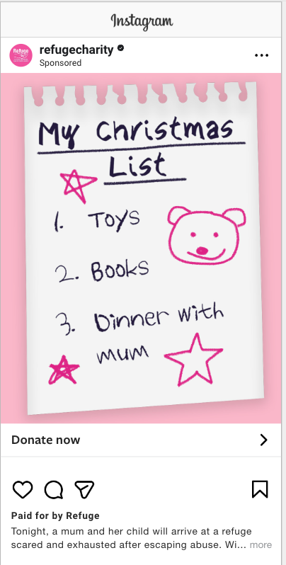 Charity winter fundraising social media ad showing a hand-written child’s Christmas list to encourage donations to Refuge. On the list is: 1. toys, 2. books, 3. dinner with mum, surrounded by childlike drawings of a bear and stars.