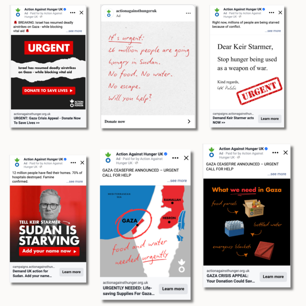 Grid of Action Against Hunger social media ads featuring a range of urgent campaign styles, including bold “urgent” donation appeals, handwritten messages about hunger in Sudan, advocacy messages addressed to Keir Starmer, a map highlighting Gaza, and graphics showing essential aid items like food, water, and blankets.