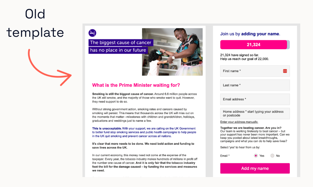 Old Cancer Research UK action page template with standard petition layout, supporter sign-up form and limited visual engagement features. It uses the old brand and looks less engaging and visually appealing.