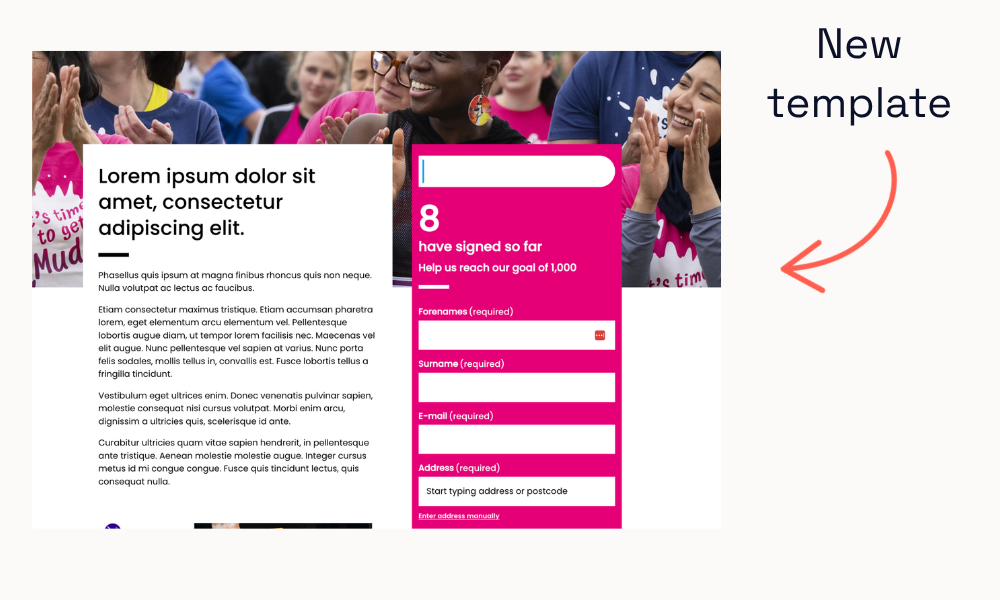 Modern Cancer Research UK action page template with sleeker design, more rounded edges, and the new brand.