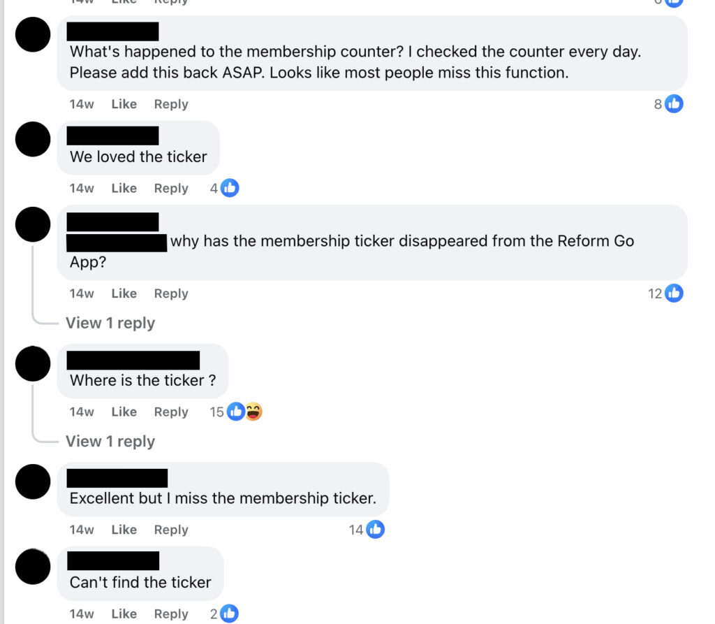A screengrab of the comments below a post sharing Reform's new website, with comments from supporters asking where the live membership counter has gone.