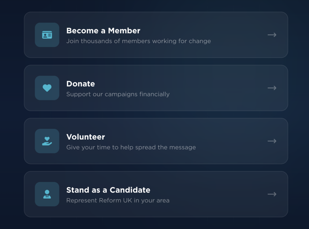 A screengrab of Reform's website showing a typical supporter journey: Become a Member > Donate > Volunteer > Stand as a Candidate
