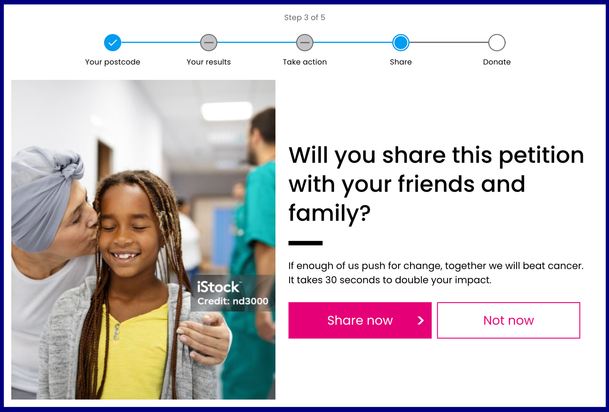 Campaign action page with a supporter sharing prompt, progress tracker and call-to-action buttons encouraging supporters to share the petition with friends and family.