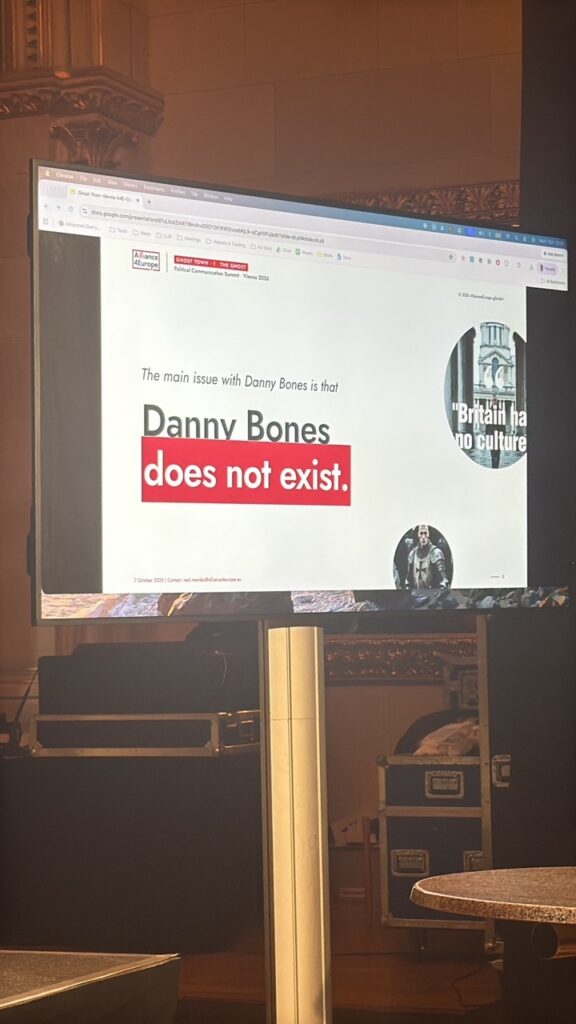 A conference slide reading “The main issue with Danny Bones is that Danny Bones does not exist.”