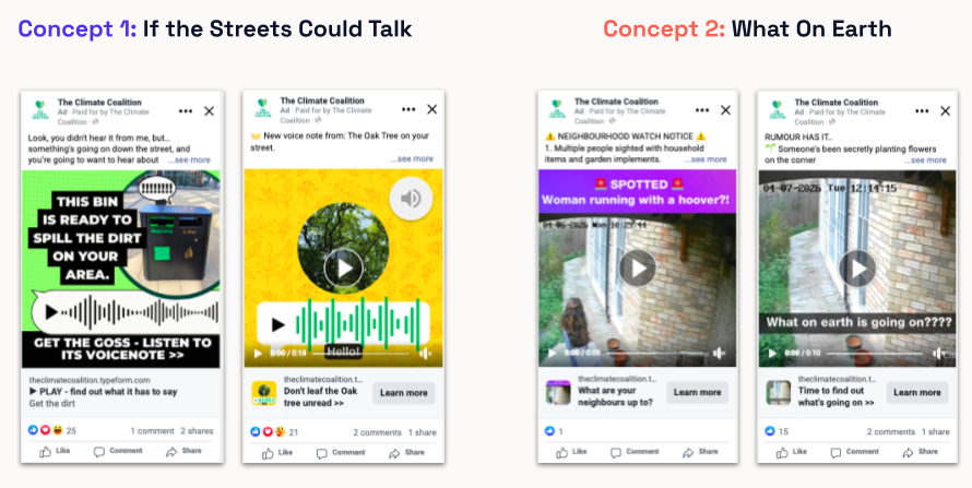Four Facebook ads from The Climate Coalition's Great Big Green Week paid social campaign. Concept 1, "If the Streets Could Talk", shows a talking bin and an oak tree sharing voice notes about local climate action. Concept 2, "What On Earth", uses CCTV-style videos of neighbours behaving mysteriously, teasing what's going on in the area.