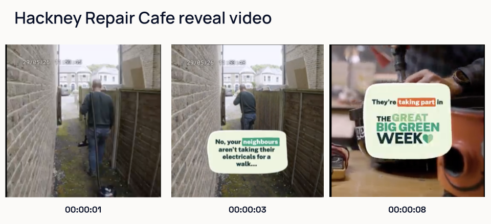 Three stills from the Hackney Repair Cafe reveal video in the Great Big Green Week paid social campaign. At 1 second, doorbell-camera-style footage shows a man walking down a side alley pulling a vacuum cleaner. At 3 seconds, on-screen text reads "No, your neighbours aren't taking their electricals for a walk…". At 8 seconds, the vacuum cleaner is being repaired on a workbench, with the reveal: "They're taking part in the Great Big Green Week."